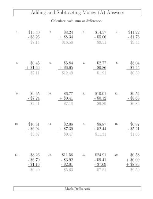 The Adding and Subtracting Dollars with Amounts up to $10 (All) Math Worksheet Page 2