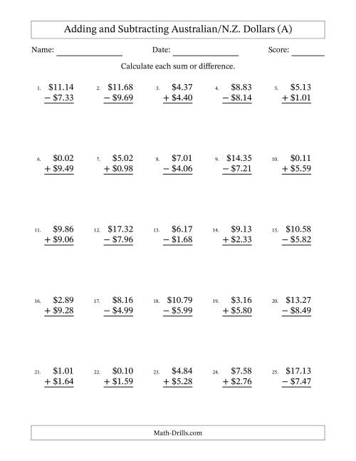 The Adding and Subtracting Australian/N.Z. Dollars With Amounts from 0.01 to 9.99 in Increments of One Cent (A) Math Worksheet