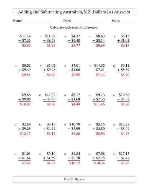 The Adding and Subtracting Australian/N.Z. Dollars With Amounts from 0.01 to 9.99 in Increments of One Cent (A) Math Worksheet Page 2