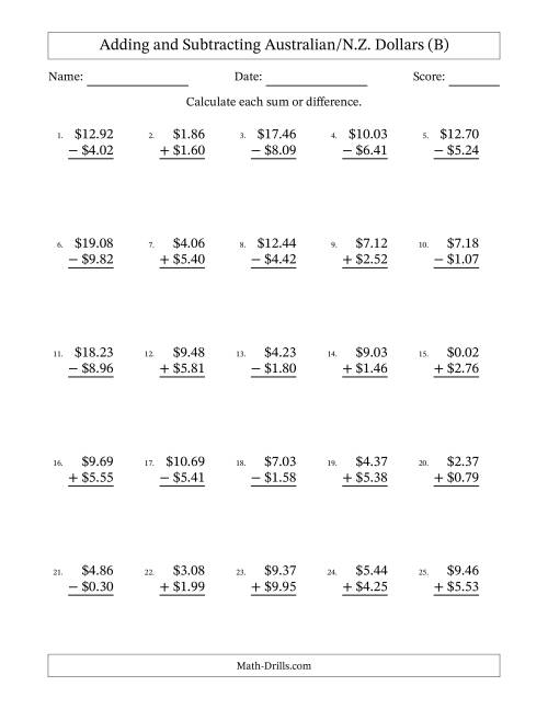 The Adding and Subtracting Australian/N.Z. Dollars With Amounts from 0.01 to 9.99 in Increments of One Cent (B) Math Worksheet