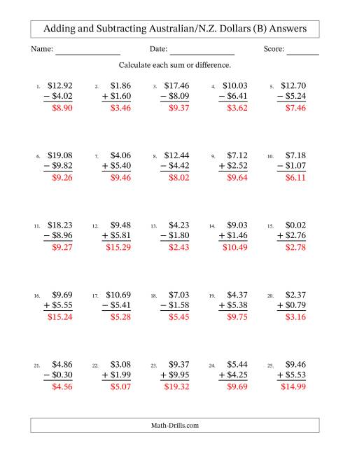 The Adding and Subtracting Australian/N.Z. Dollars With Amounts from 0.01 to 9.99 in Increments of One Cent (B) Math Worksheet Page 2