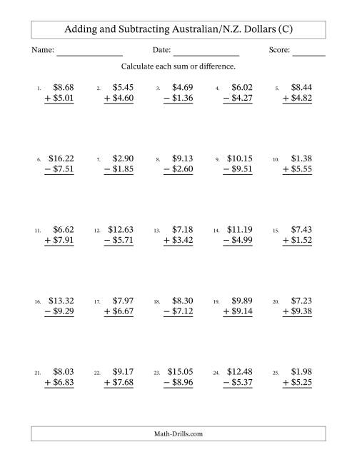 The Adding and Subtracting Australian/N.Z. Dollars With Amounts from 0.01 to 9.99 in Increments of One Cent (C) Math Worksheet