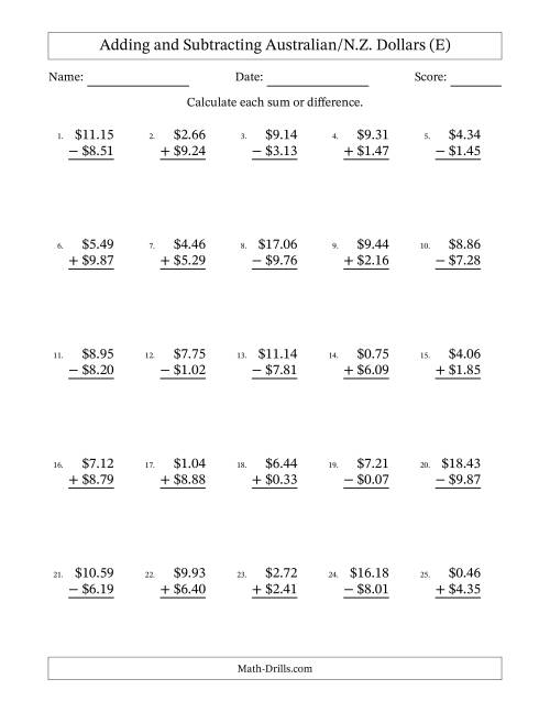 The Adding and Subtracting Australian/N.Z. Dollars With Amounts from 0.01 to 9.99 in Increments of One Cent (E) Math Worksheet