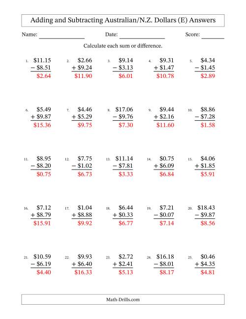 The Adding and Subtracting Australian/N.Z. Dollars With Amounts from 0.01 to 9.99 in Increments of One Cent (E) Math Worksheet Page 2