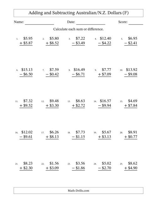 The Adding and Subtracting Australian/N.Z. Dollars With Amounts from 0.01 to 9.99 in Increments of One Cent (F) Math Worksheet