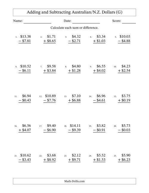 The Adding and Subtracting Australian/N.Z. Dollars With Amounts from 0.01 to 9.99 in Increments of One Cent (G) Math Worksheet