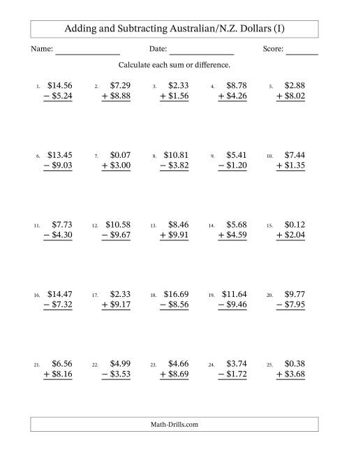 The Adding and Subtracting Australian/N.Z. Dollars With Amounts from 0.01 to 9.99 in Increments of One Cent (I) Math Worksheet