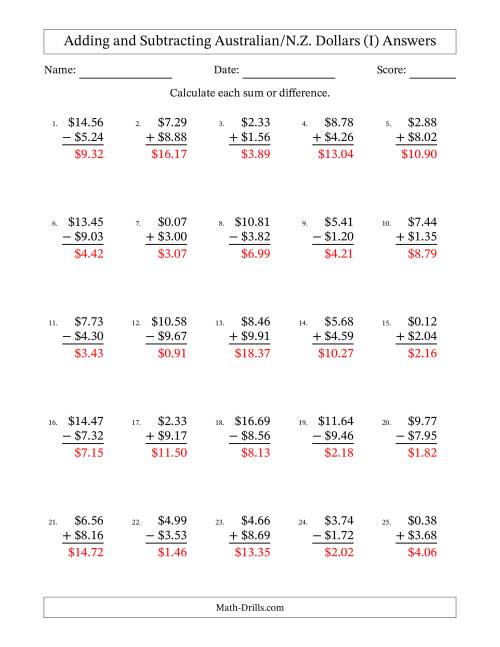 The Adding and Subtracting Australian/N.Z. Dollars With Amounts from 0.01 to 9.99 in Increments of One Cent (I) Math Worksheet Page 2