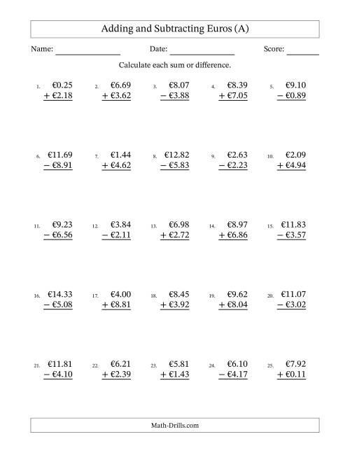 The Adding and Subtracting Euros With Amounts from 0.01 to 9.99 in Increments of One Euro Cent (A) Math Worksheet