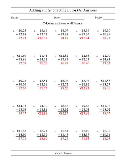 The Adding and Subtracting Euros With Amounts from 0.01 to 9.99 in Increments of One Euro Cent (A) Math Worksheet Page 2