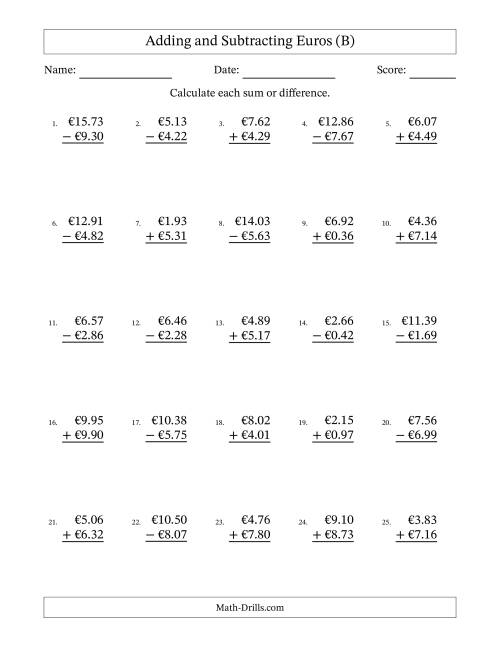 The Adding and Subtracting Euros With Amounts from 0.01 to 9.99 in Increments of One Euro Cent (B) Math Worksheet