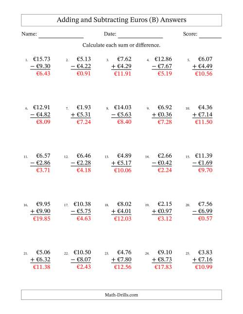 The Adding and Subtracting Euros With Amounts from 0.01 to 9.99 in Increments of One Euro Cent (B) Math Worksheet Page 2