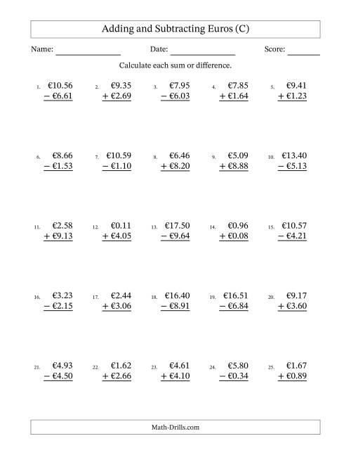 The Adding and Subtracting Euros With Amounts from 0.01 to 9.99 in Increments of One Euro Cent (C) Math Worksheet