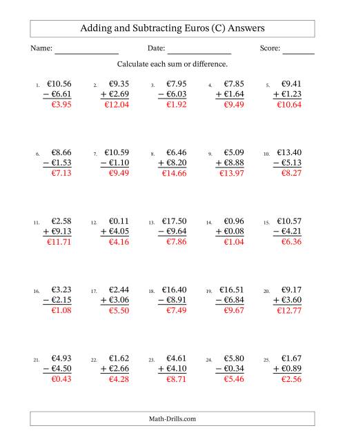 The Adding and Subtracting Euros With Amounts from 0.01 to 9.99 in Increments of One Euro Cent (C) Math Worksheet Page 2