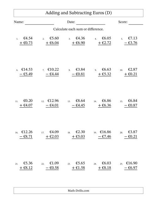 The Adding and Subtracting Euros With Amounts from 0.01 to 9.99 in Increments of One Euro Cent (D) Math Worksheet