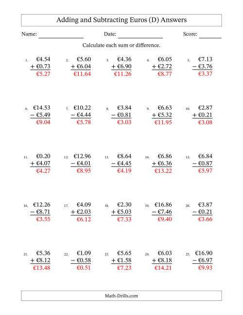 The Adding and Subtracting Euros With Amounts from 0.01 to 9.99 in Increments of One Euro Cent (D) Math Worksheet Page 2