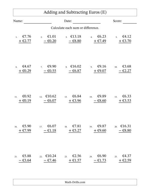 The Adding and Subtracting Euros With Amounts from 0.01 to 9.99 in Increments of One Euro Cent (E) Math Worksheet