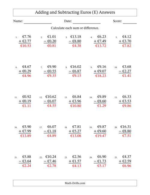 The Adding and Subtracting Euros With Amounts from 0.01 to 9.99 in Increments of One Euro Cent (E) Math Worksheet Page 2