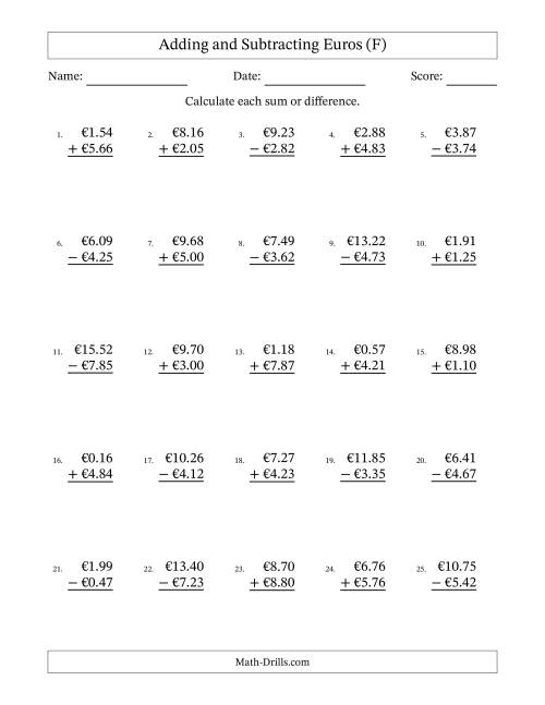 The Adding and Subtracting Euros With Amounts from 0.01 to 9.99 in Increments of One Euro Cent (F) Math Worksheet