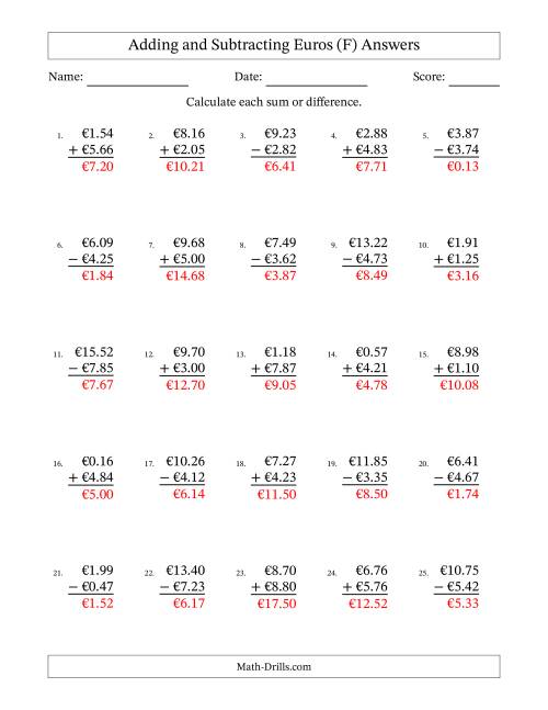 The Adding and Subtracting Euros With Amounts from 0.01 to 9.99 in Increments of One Euro Cent (F) Math Worksheet Page 2