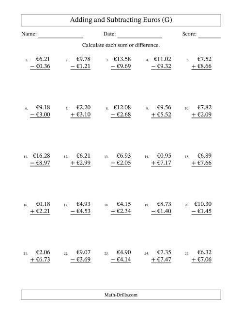 The Adding and Subtracting Euros With Amounts from 0.01 to 9.99 in Increments of One Euro Cent (G) Math Worksheet