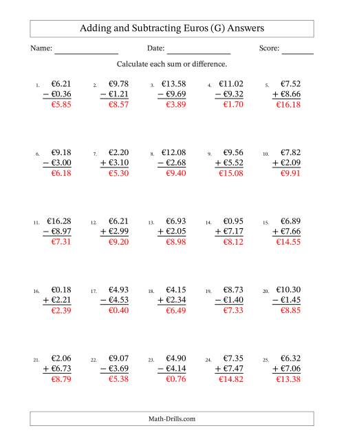 The Adding and Subtracting Euros With Amounts from 0.01 to 9.99 in Increments of One Euro Cent (G) Math Worksheet Page 2