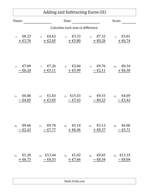 The Adding and Subtracting Euros With Amounts from 0.01 to 9.99 in Increments of One Euro Cent (H) Math Worksheet