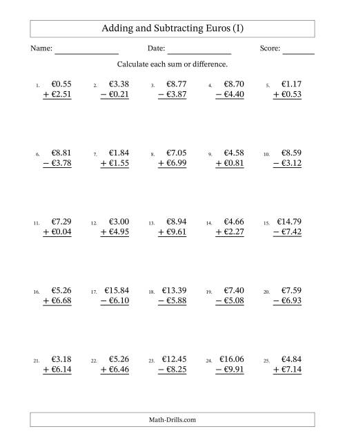 The Adding and Subtracting Euros With Amounts from 0.01 to 9.99 in Increments of One Euro Cent (I) Math Worksheet