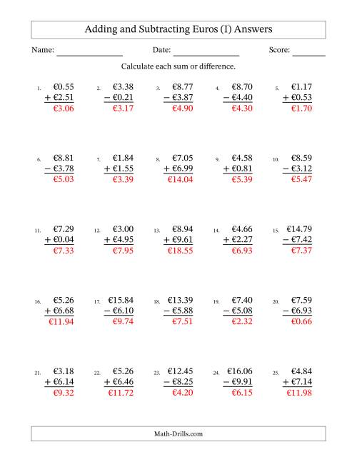 The Adding and Subtracting Euros With Amounts from 0.01 to 9.99 in Increments of One Euro Cent (I) Math Worksheet Page 2