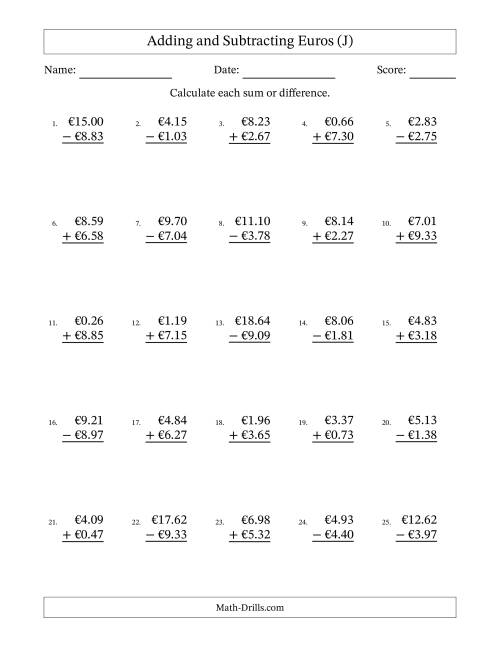 The Adding and Subtracting Euros With Amounts from 0.01 to 9.99 in Increments of One Euro Cent (J) Math Worksheet