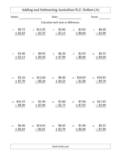 The Adding and Subtracting Australian/N.Z. Dollars With Amounts from 0.05 to 9.95 in Increments of Five Cents (A) Math Worksheet