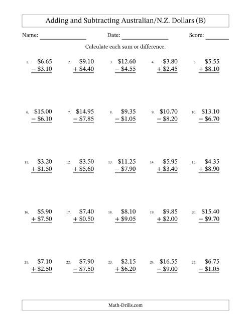 The Adding and Subtracting Australian/N.Z. Dollars With Amounts from 0.05 to 9.95 in Increments of Five Cents (B) Math Worksheet