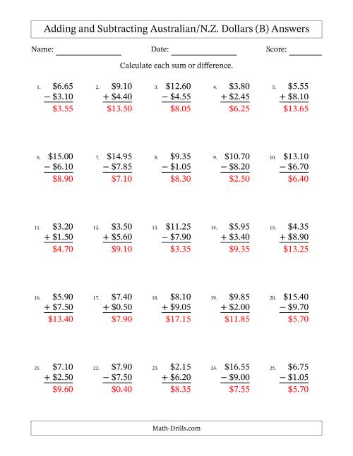 The Adding and Subtracting Australian/N.Z. Dollars With Amounts from 0.05 to 9.95 in Increments of Five Cents (B) Math Worksheet Page 2