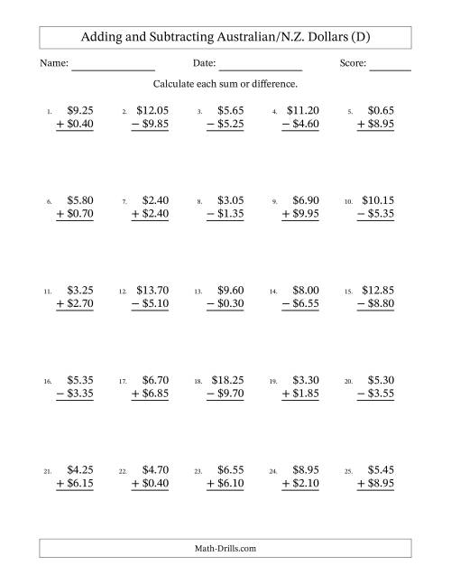 The Adding and Subtracting Australian/N.Z. Dollars With Amounts from 0.05 to 9.95 in Increments of Five Cents (D) Math Worksheet