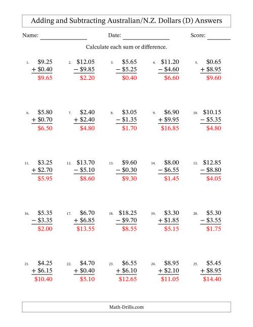 The Adding and Subtracting Australian/N.Z. Dollars With Amounts from 0.05 to 9.95 in Increments of Five Cents (D) Math Worksheet Page 2