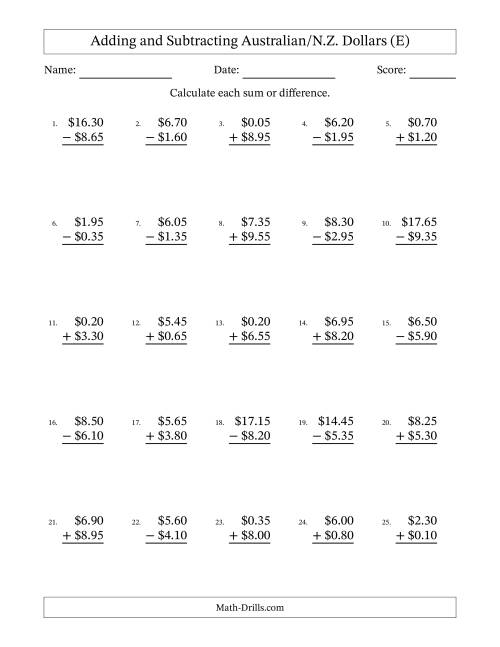 The Adding and Subtracting Australian/N.Z. Dollars With Amounts from 0.05 to 9.95 in Increments of Five Cents (E) Math Worksheet