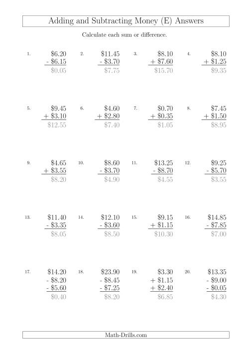 The Adding and Subtracting Australian Dollars with Amounts up to $10 in Increments of 5 Cents (E) Math Worksheet Page 2