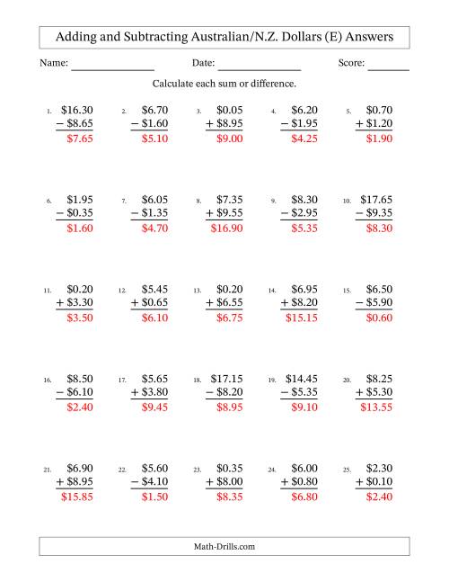 The Adding and Subtracting Australian/N.Z. Dollars With Amounts from 0.05 to 9.95 in Increments of Five Cents (E) Math Worksheet Page 2