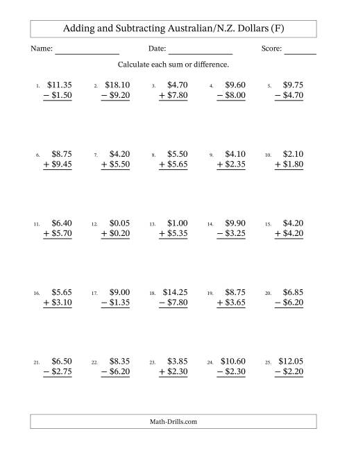 The Adding and Subtracting Australian/N.Z. Dollars With Amounts from 0.05 to 9.95 in Increments of Five Cents (F) Math Worksheet