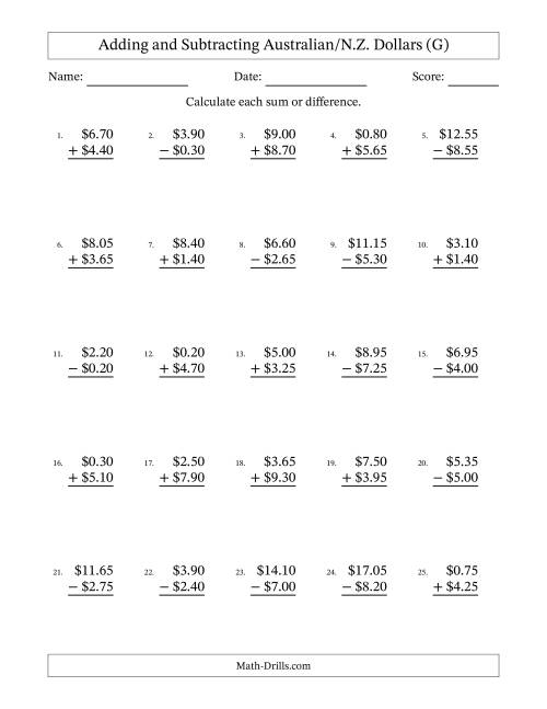 The Adding and Subtracting Australian/N.Z. Dollars With Amounts from 0.05 to 9.95 in Increments of Five Cents (G) Math Worksheet