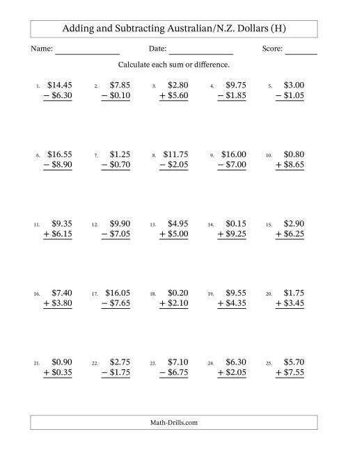 The Adding and Subtracting Australian/N.Z. Dollars With Amounts from 0.05 to 9.95 in Increments of Five Cents (H) Math Worksheet