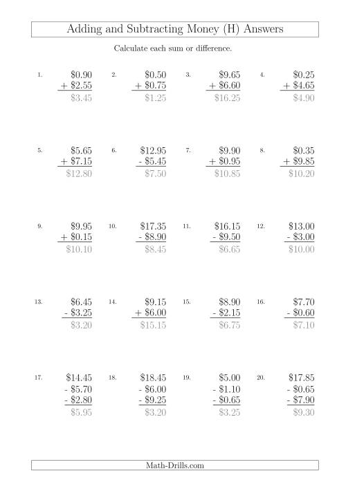 The Adding and Subtracting Australian Dollars with Amounts up to $10 in Increments of 5 Cents (H) Math Worksheet Page 2