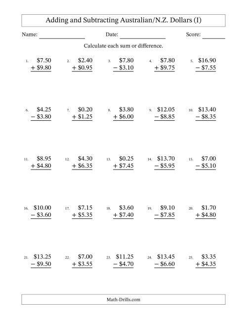 The Adding and Subtracting Australian/N.Z. Dollars With Amounts from 0.05 to 9.95 in Increments of Five Cents (I) Math Worksheet