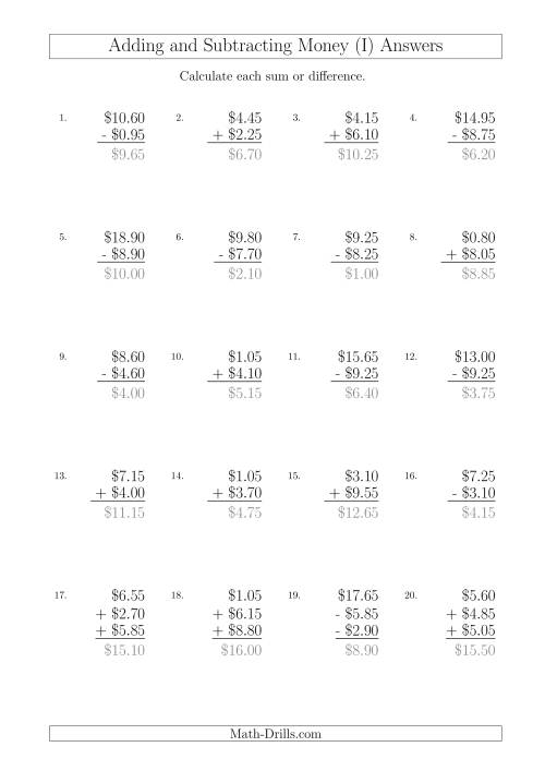 The Adding and Subtracting Australian Dollars with Amounts up to $10 in Increments of 5 Cents (I) Math Worksheet Page 2