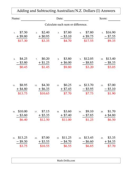 The Adding and Subtracting Australian/N.Z. Dollars With Amounts from 0.05 to 9.95 in Increments of Five Cents (I) Math Worksheet Page 2