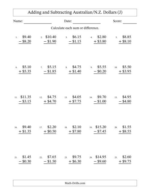 The Adding and Subtracting Australian/N.Z. Dollars With Amounts from 0.05 to 9.95 in Increments of Five Cents (J) Math Worksheet