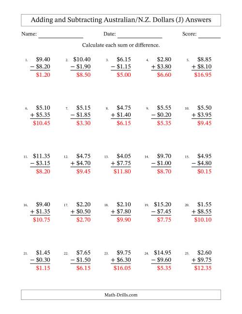 The Adding and Subtracting Australian/N.Z. Dollars With Amounts from 0.05 to 9.95 in Increments of Five Cents (J) Math Worksheet Page 2