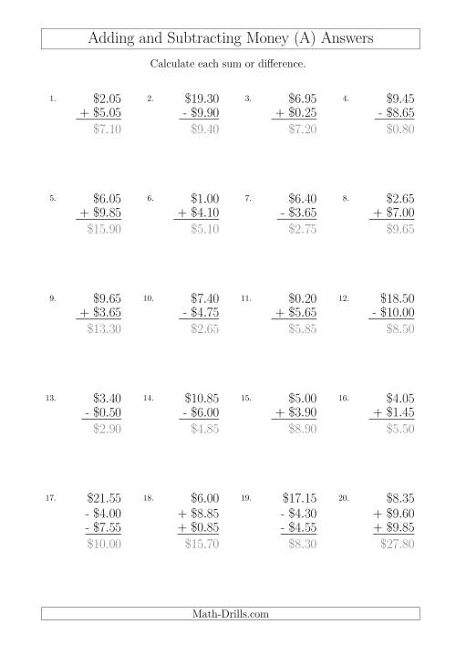 The Adding and Subtracting Australian Dollars with Amounts up to $10 in Increments of 5 Cents (All) Math Worksheet Page 2