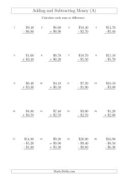 Adding and Subtracting Australian Dollars with Amounts up to $10 in Increments of 10 Cents