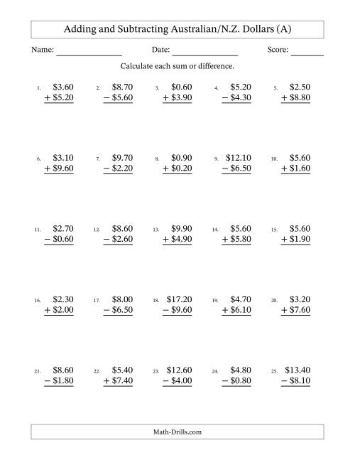 The Adding and Subtracting Australian/N.Z. Dollars With Amounts from 0.10 to 9.90 in Increments of Ten Cents (A) Math Worksheet